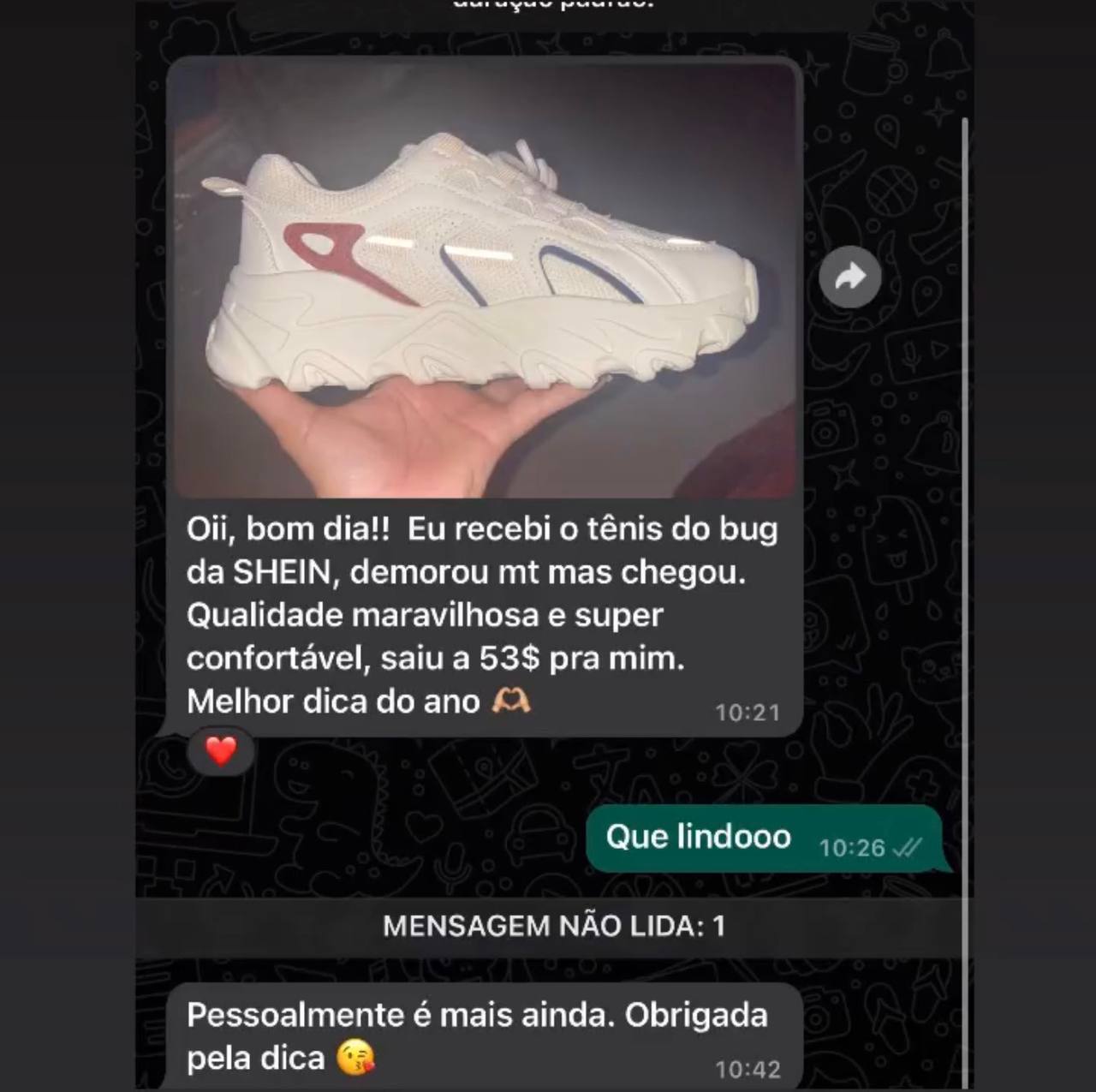 Depoimento de membro que recebeu um tênis comprado em promoção